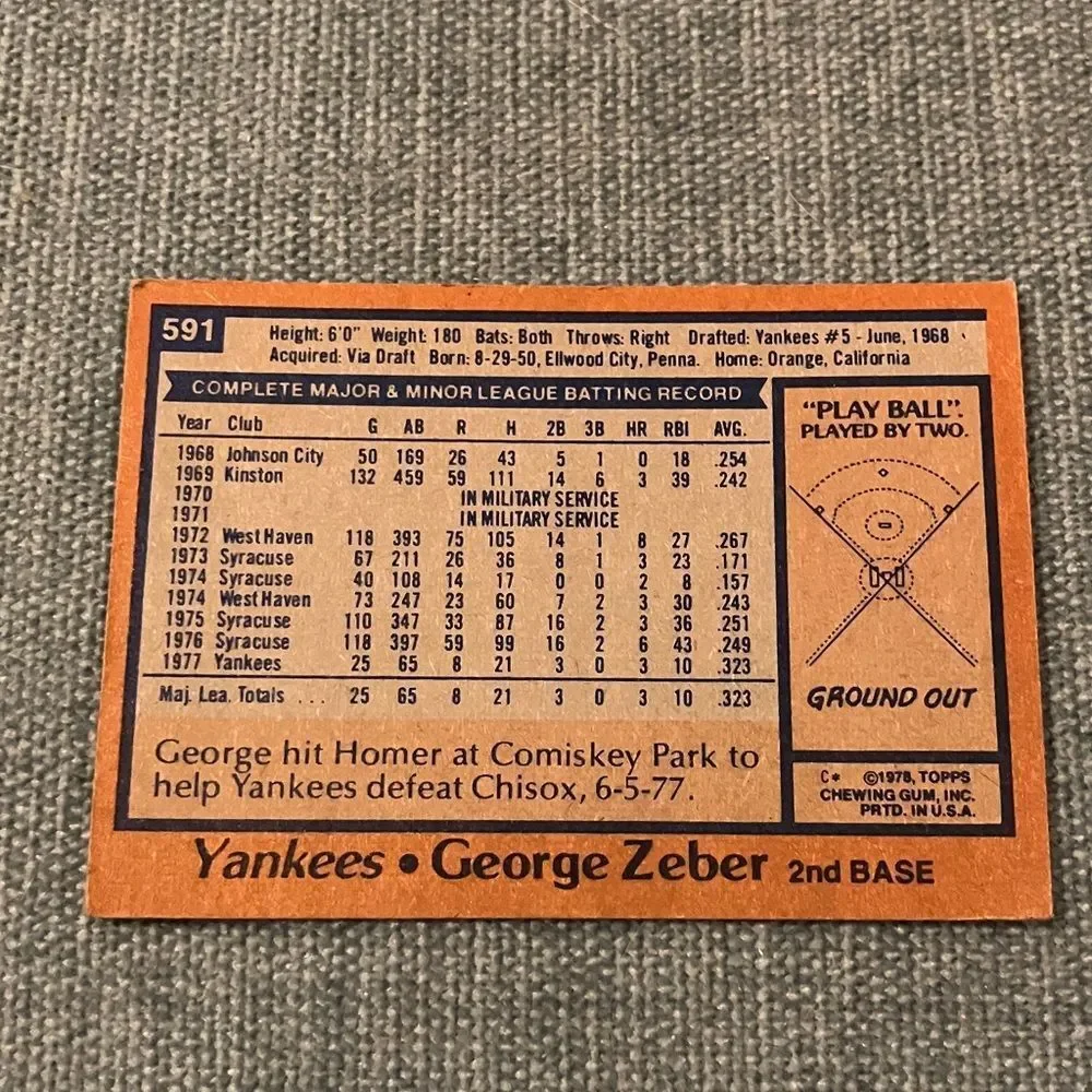 1978 Topps New York Yankees Baseball Card Trading Card